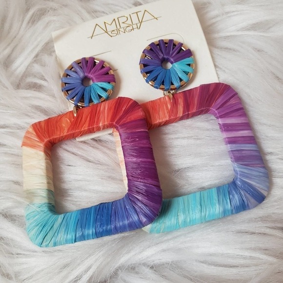 NWT Multi raffia square drop earrings - Picture 1 of 8
